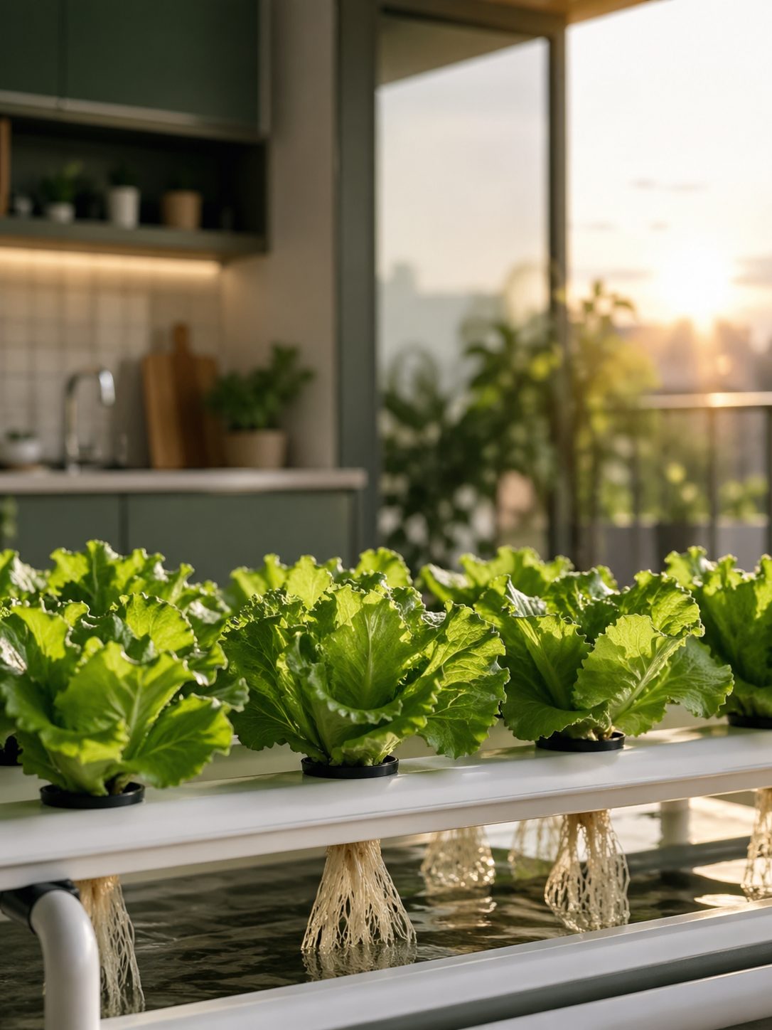 Sistema hidropónico NFT con lechugas en cocina moderna