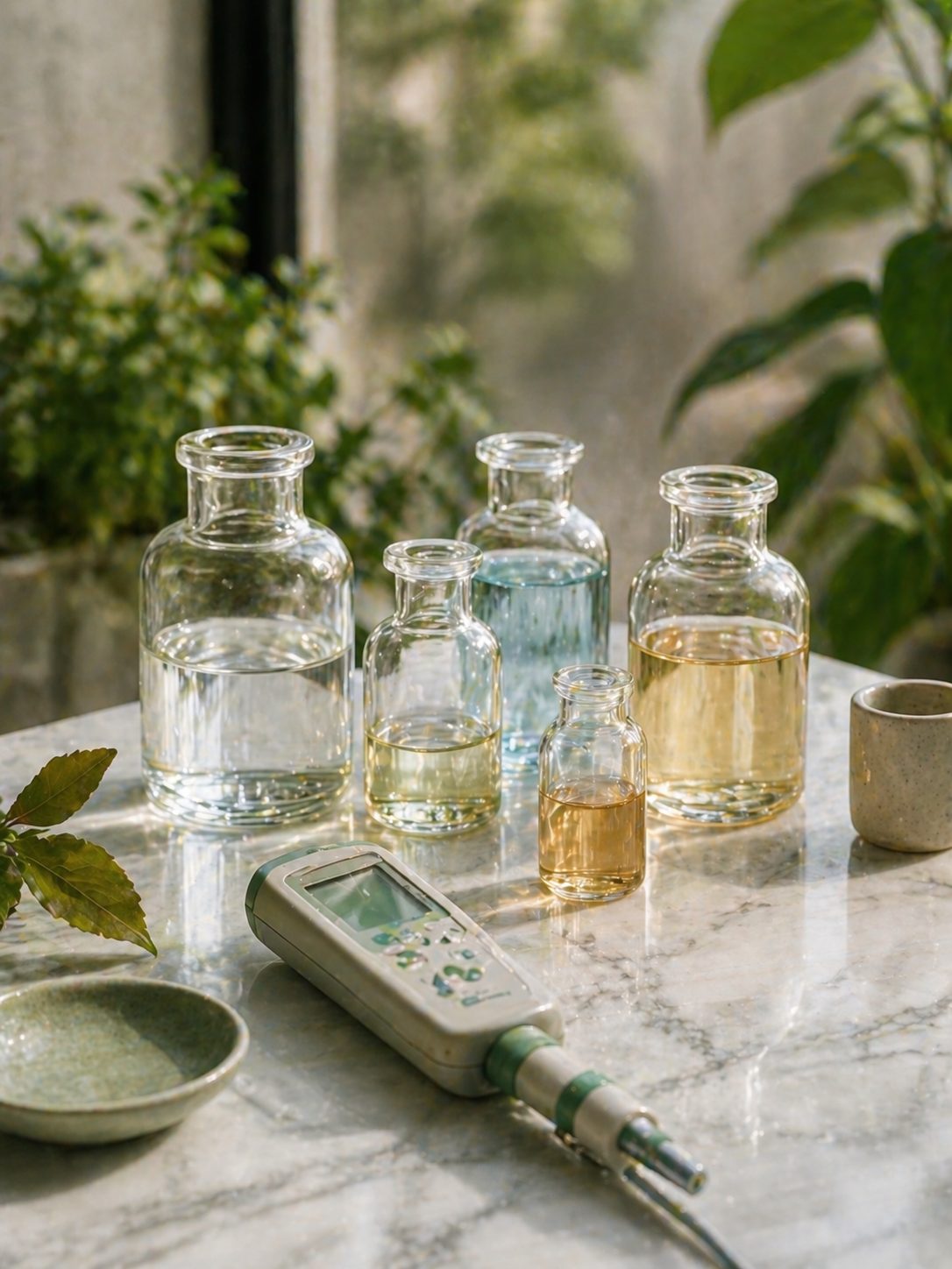 Frascos de vidrio con soluciones nutritivas