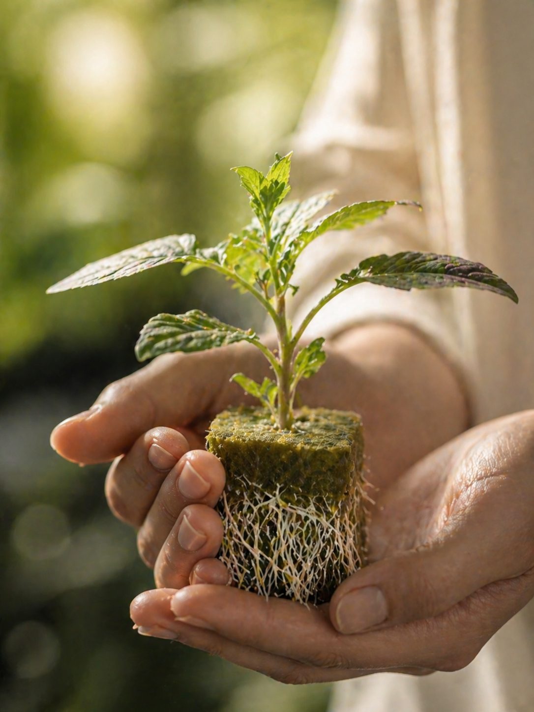 Manos sosteniendo plántula con raíces visibles