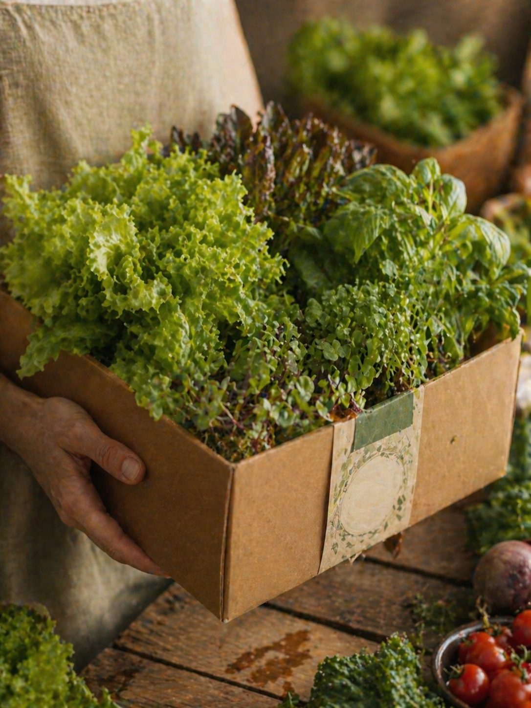 Caja de cartón kraft con verduras hidropónicas frescas