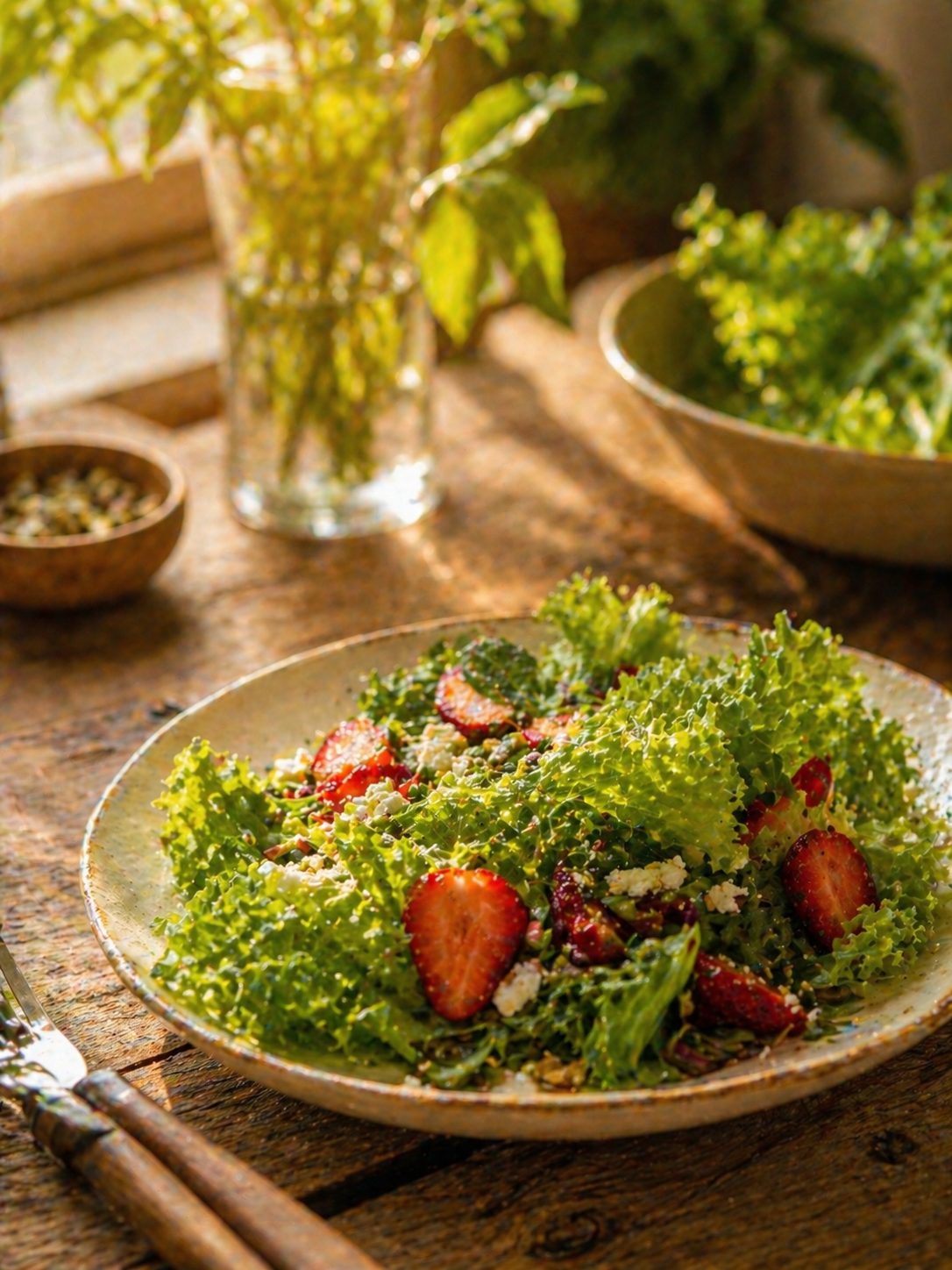 Plato de ensalada fresca con fresas en mesa de madera